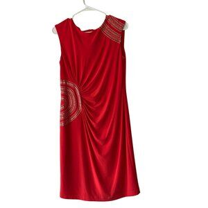Joseph Ribkoff Red Bodice Sheath Dress Ruched Waist Gold Stud Embellished Sz 12